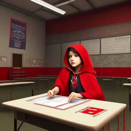 Little Red Riding Hood filling out a ballot in a drab school gymnasium turned into a polling place. Little Red Riding Hood filling out a ballot in a drab school gymnasium turned into a polling place. Highly detailed, cinematic lighting, in the style of Norman Rockwell and Takashi Murakami. (OpenJourney v4)